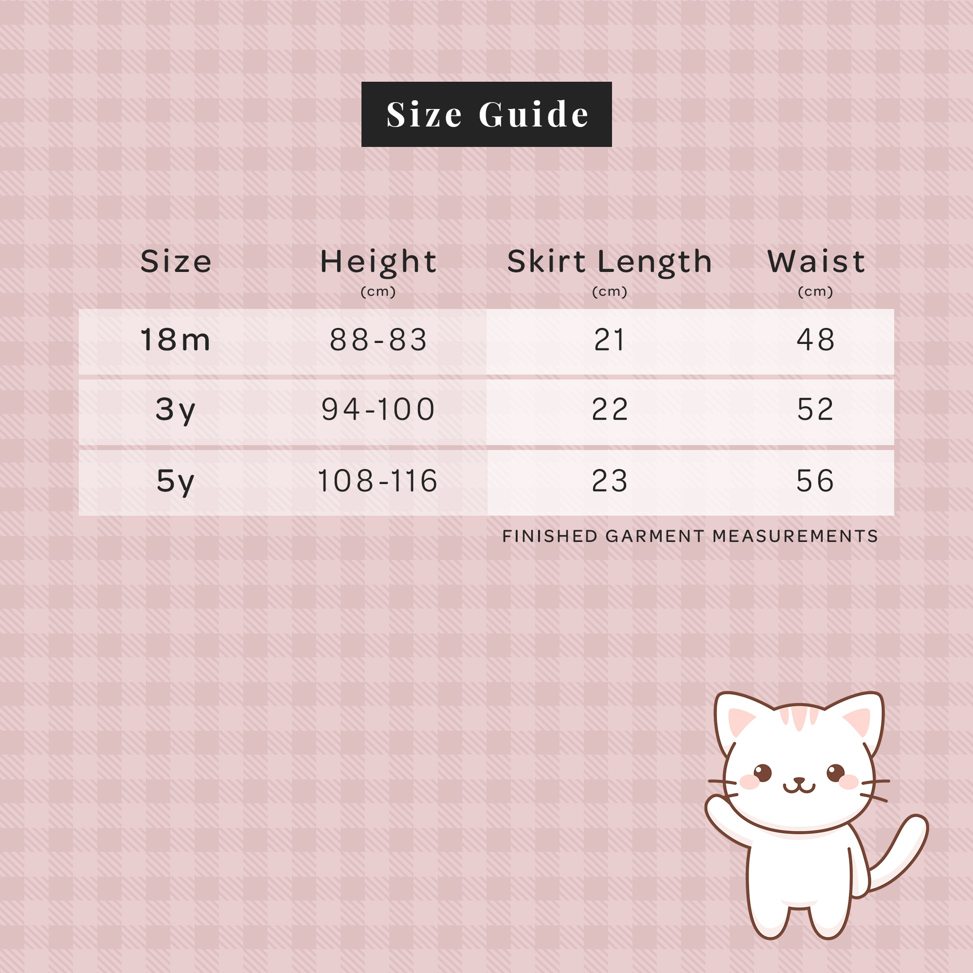 Size guide for children's skirts on a pink checkered background with a cartoon cat illustration.