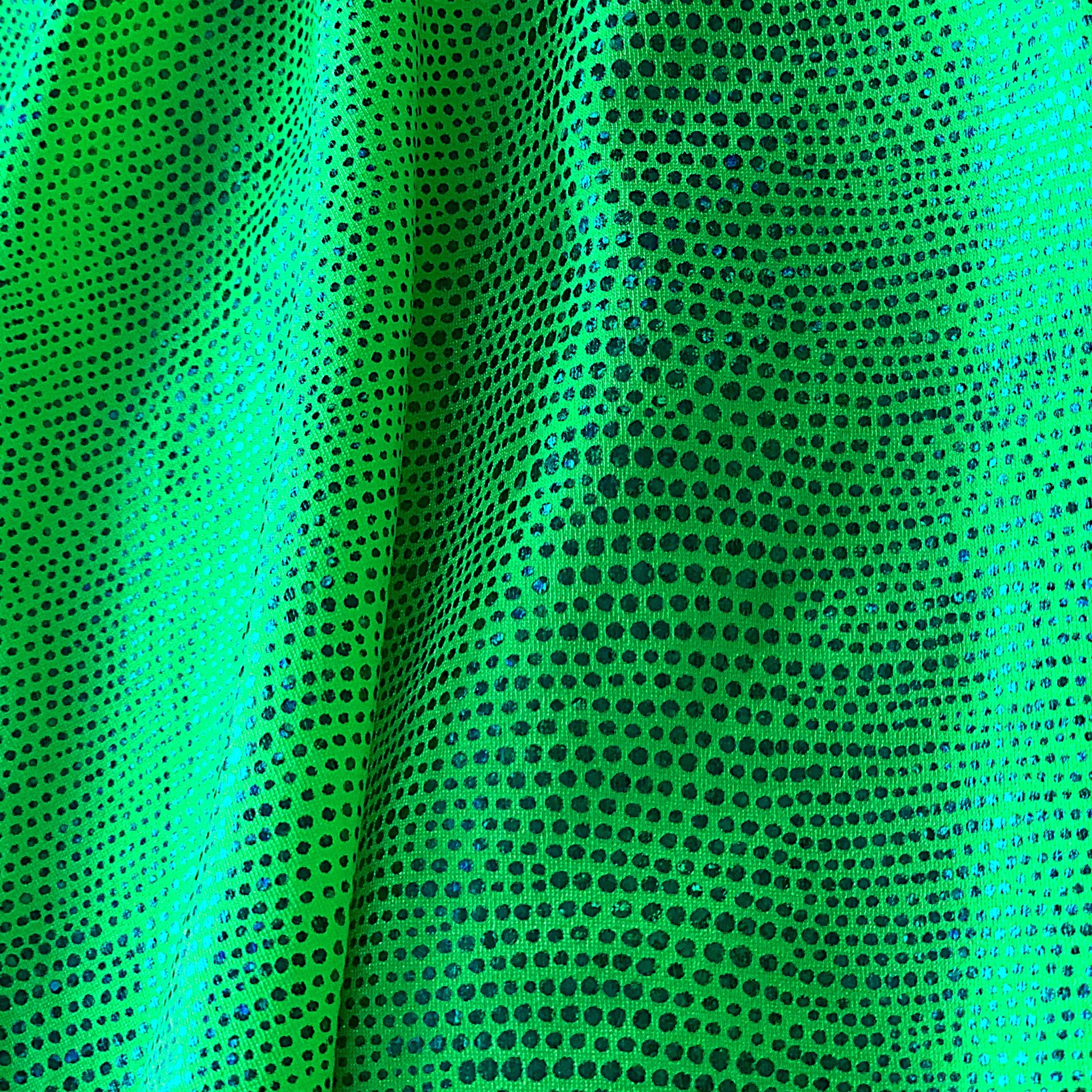 Close-up of green fabric with black dot pattern