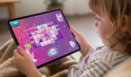 Child playing My Little Pony Mane Merge on a tablet in a cozy indoor setting