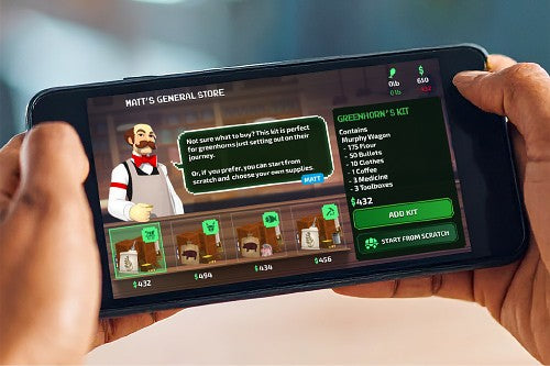 Person holding a smartphone playing a game with a character and menu interface.